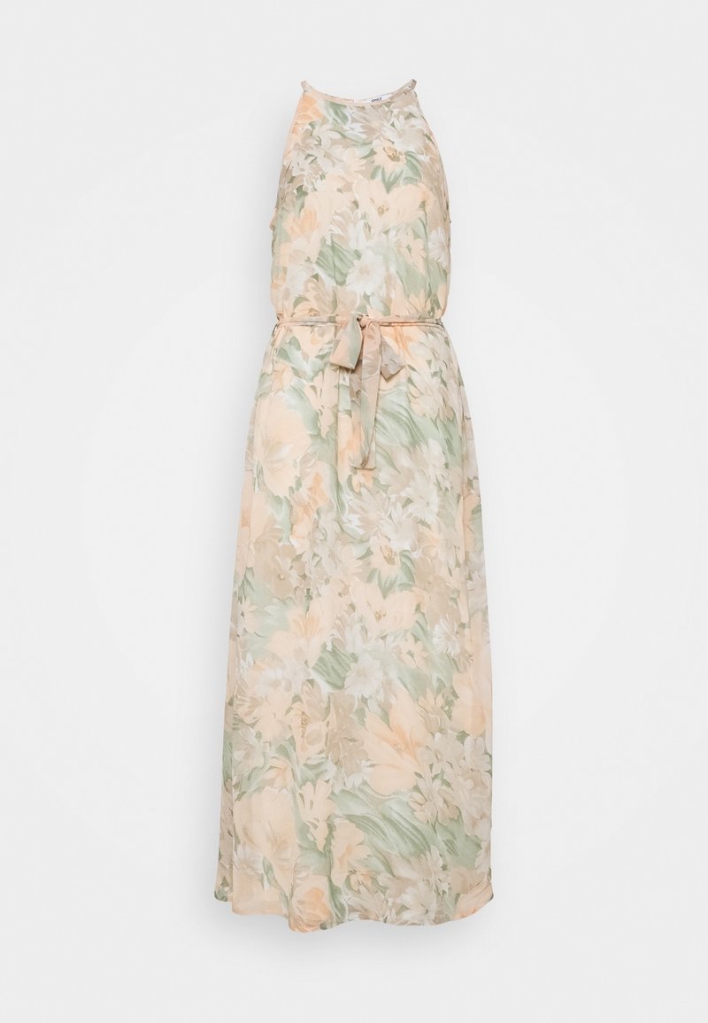 Robe longue sans manches avec imprimé floral pastel et ceinture en tissu nouée à la taille, présentée sur un fond blanc uni.