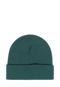 Gorro de punto color aguamarina con una textura suave, diseño ajustado y puño plegado. Construcción sin costuras, sin hardware o acentos visibles.