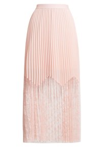 Jupe plissée rose avec une section inférieure en dentelle transparente. Tissu texturé avec une taille ajustée et un ourlet en zigzag à la base.