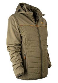 Olivenfarbene isolierte Jacke mit Kapuze, gestepptem Vorderteil, Reißverschlusstaschen und orangefarbener Akzentnaht entlang des Brustpanels.