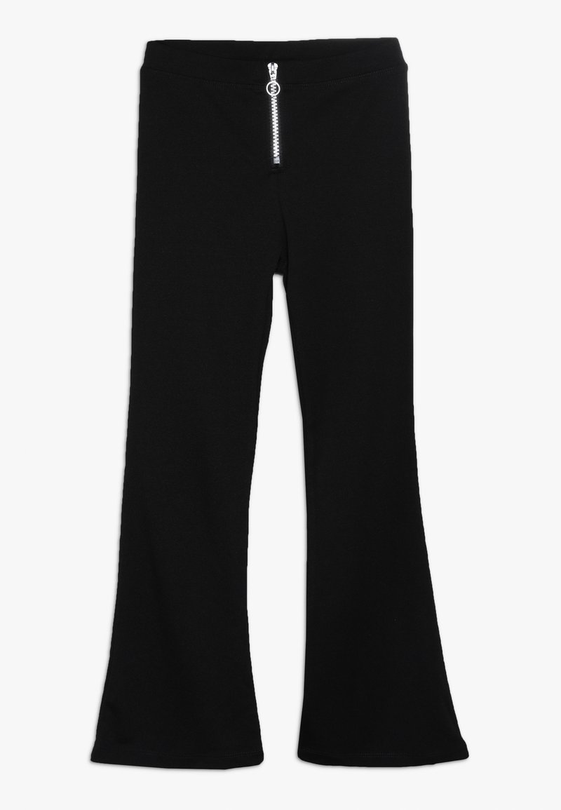 Pantalon noir taille haute évasé avec une fermeture éclair argentée à l’avant et un anneau de tirage, présenté à plat sur fond blanc.