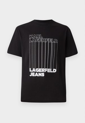 T-shirt noir en coton avec le texte en caractères blancs "KARL LAGERFELD" et "LAGERFELD JEANS" ainsi qu'un détail en ligne verticale ; col rond standard.