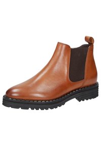 Stivaletto Chelsea in pelle marrone con pannelli elasticizzati ai lati, linguetta di estrazione e suola in gomma testurizzata. Design elegante con punta arrotondata e cuciture rinforzate.