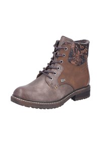 Bottines marron en daim texturé avec un dessus en cuir à motif, bout rond et fermeture à lacets avec œillets métalliques.