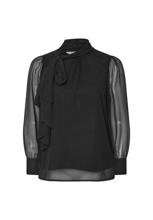 Blusa negra con mangas largas semitransparentes y un detalle de cuello atado. Presenta un volado en capas en el costado, textura suave y un corte relajado.