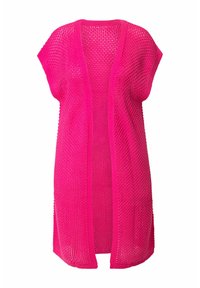 Leichter, rosa offener Strick-Cardigan mit kurzen Ärmeln, der einen lockeren Schnitt und einen geraden Saum bietet, ideal zum Überziehen bei wärmerem Wetter.