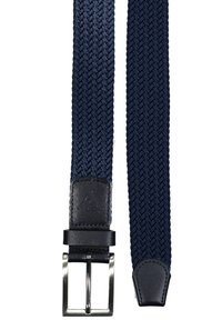 Ceinture tressée bleu marine en matériau élastique, dotée d'une boucle en métal argenté et de détails en cuir noir aux deux extrémités pour plus de durabilité.