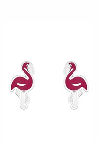 Orecchini a forma di fenicottero rosa con contorni bianchi, realizzati in materiale resistente, con superficie liscia e design distintivo.