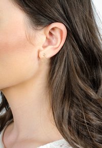 Guldörhängen med en texturerad yta, med en liten cirkulär design. Örhänget hänger från en tunn, rundad krok.