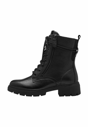 Schwarze Leder-Ankle-Boots mit texturierter Oberfläche, Schnürung und Reißverschluss, robustem Sohlen und einem leichten Absatz. Verfügt über eine seitliche Schlaufe für einfachen Zugang.