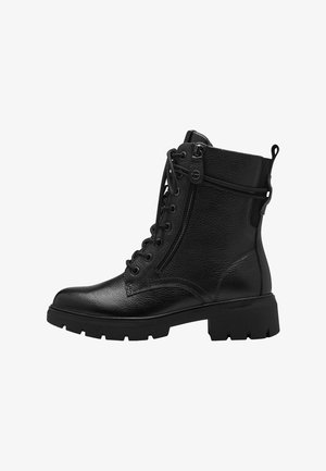 Black leather ankle boot with a textured surface, lace-up and zip closure, rugged sole, and a slight heel. Features a side loop for easy access.