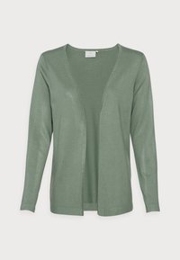 Světle zelený cardigan s výstřihem do V a otevřeným předním dílem. Vyrobený z hladké látky s žebrovanými detaily podél okrajů a rukávů.