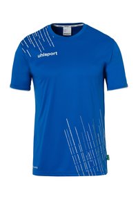 T-shirt de sport bleu à manches courtes, avec un motif de lignes diagonales blanches d'un côté et un logo sur la poitrine. Fabriqué en matériau léger.