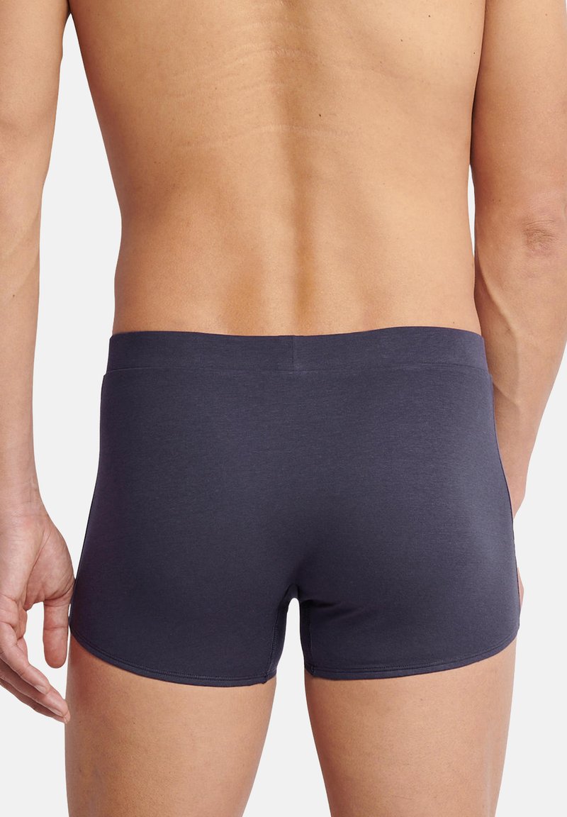 Boxer briefs da uomo di un elegante blu scuro, realizzati in un tessuto liscio e elastico, caratterizzati da una semplice cintura e dettagli di cucitura puliti. Vista posteriore con una vestibilità aderente.