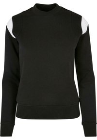 Sudadera negra con cuello redondo acanalado, mangas largas y acentos blancos en los hombros; presenta un dobladillo ajustado y una textura suave.