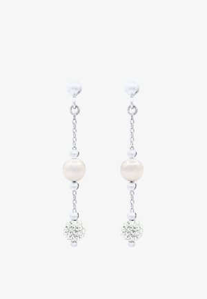 Boucles d'oreilles goutte en argent avec un design en maillons de chaîne, comprenant une perle blanche et une boule incrustée de cristaux aux extrémités.