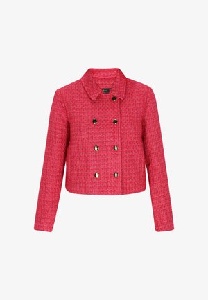 Fitted red tweed jacket with a collar, double-breasted front, and gold hardware. Textured pattern with slim sleeves and cropped cut.