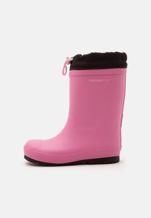 Kindermaten roze regenlaars met zwarte verstelbare manchet en trekkoord, met een gestructureerde zool voor grip.