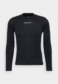 Maillot de cyclisme à manches longues noir, fabriqué en tissu léger et évacuant l'humidité. Dispose d'un col rond et d'un logo discret sur la poitrine.