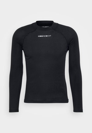 Schwarzes langärmliges Fahrradtrikot aus leichtem, feuchtigkeitsableitendem Material. Verfügt über einen runden Halsausschnitt und ein dezentes Logo auf der Brust.