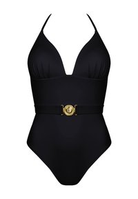 Czarny jednoczęściowy strój kąpielowy z głębokim dekoltem w kształcie litery V, cienkimi ramiączkami, marszczeniami oraz złotym okrągłym zapięciem w pasie.