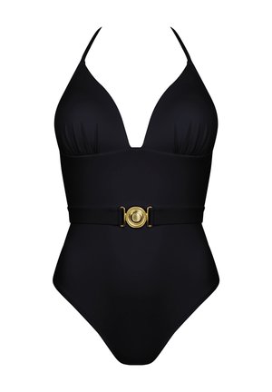 Czarny jednoczęściowy strój kąpielowy z głębokim dekoltem w kształcie litery V, cienkimi ramiączkami, marszczeniami oraz złotym okrągłym zapięciem w pasie.