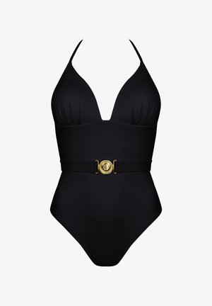 Czarny jednoczęściowy strój kąpielowy z głębokim dekoltem w kształcie litery V, cienkimi ramiączkami, marszczeniami oraz złotym okrągłym zapięciem w pasie.