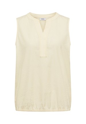 Blouse sans manches beige clair avec des rayures verticales discrètes, col rond et fente avant en forme de V, ourlet élastiqué, fabriquée par Cecil.