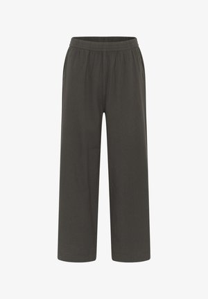 Tmavosivé nohavice širokého strihu s elastickým pásom, vyrobené z jemnej látky, so šitými švami a bez vreciek.