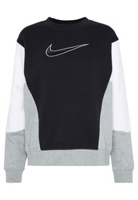 Nike sweatshirt in het zwart, wit en grijs. Heeft een ronde hals, een kleurblokken ontwerp en een geborduurd logo op de borst. Zachte stoftextuur.