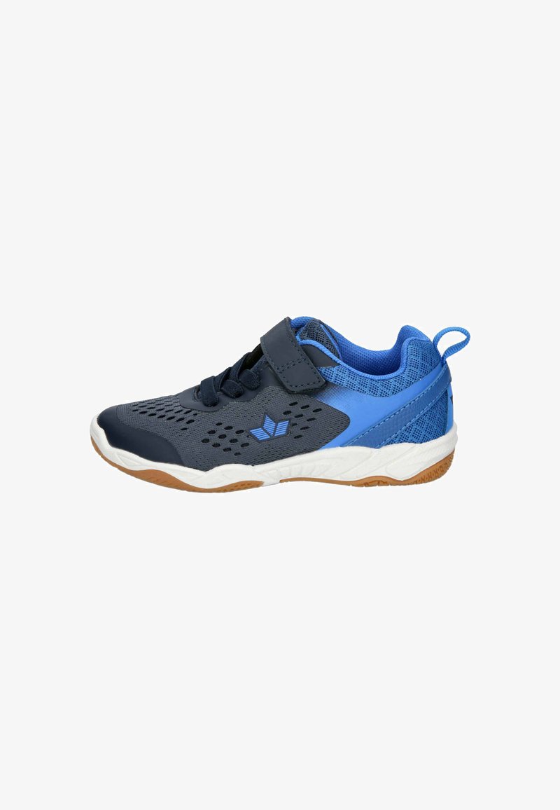 Navy and blue athletic shoe with mesh upper, rubber sole, Velcro strap, and perforated detailing on the side for breathability.