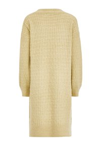 Abito maglione lungo beige con motivo a waffle testurizzato, maniche lunghe e polsini e orlo a coste, mostrato dal retro.