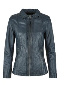 Marineblaue Lederjacke mit Reißverschluss vorne, Stehkragen und langen Ärmeln. Verfügt über zwei seitliche Reißverschlusstaschen und subtile Steppdetails.