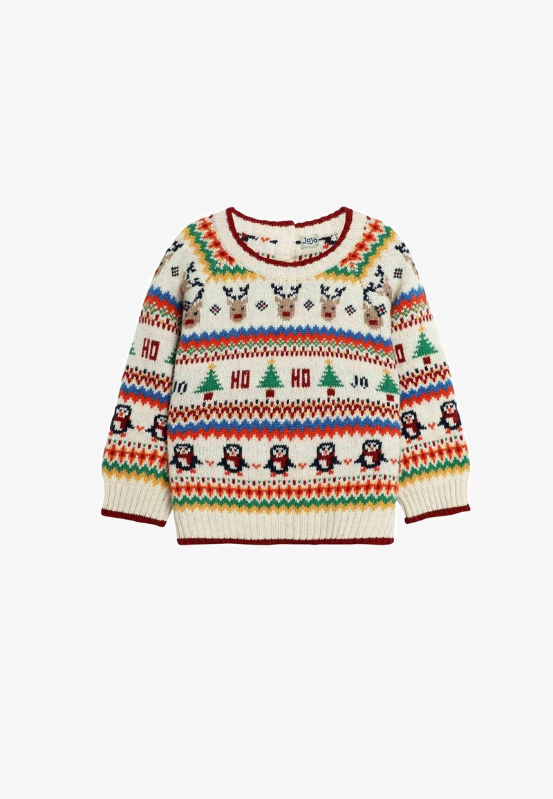 Pulover tricotat de culoare crem cu modele colorate de reni, copaci și pinguini. Are un guler rotund și manșete cu model în relief de culoare roșie.