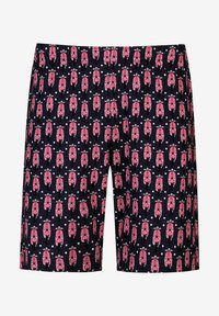 Geweven zwemboxers met een marineblauwe basis en herhalende roze scooterontwerpen, elastische tailleband en lichtgewicht stof.