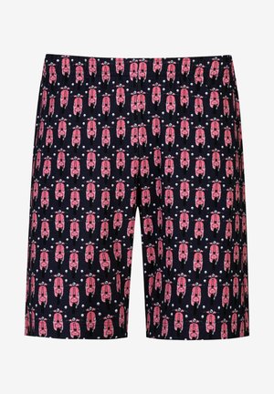 Geweven zwemboxers met een marineblauwe basis en herhalende roze scooterontwerpen, elastische tailleband en lichtgewicht stof.