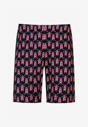 Gemusterte Badeshorts mit navyblauem Grundton und wiederkehrendem Design aus pinkfarbenen Rollern, elastischem Bund und leichtem Stoff.