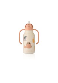 Witte roestvrijstalen waterfles met perzikkleurige accenten, ergonomische handgrepen, een ingebouwd rietje en dierenillustraties op het oppervlak.