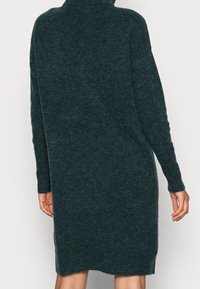 Abito maglione lavorato a maglia di un verde scuro, con collo alto, maniche lunghe e una vestibilità morbida, con polsini a coste e orlo appena sopra il ginocchio.