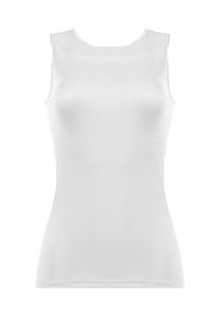 White, sleeveless top made of smooth, stretchy fabric; features a round neckline and a fitted shape, suitable for layering.