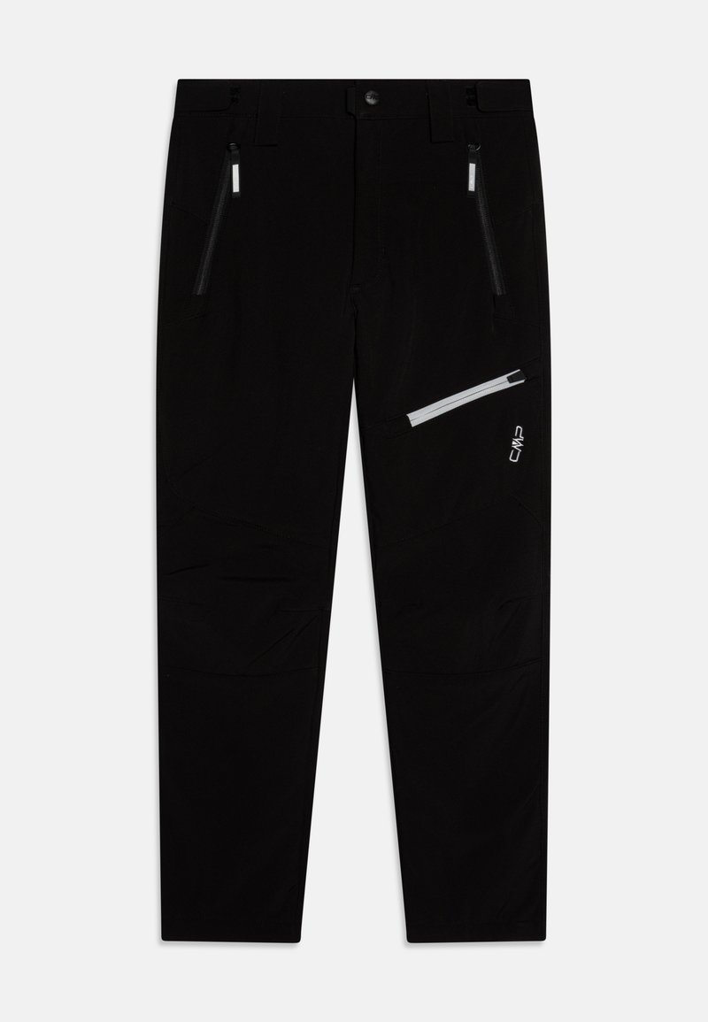 Pantalones exteriores negros fabricados con un tejido duradero, con dos bolsillos laterales con cremallera y un bolsillo en el muslo con cremallera, que cuentan con detalles reflectantes.