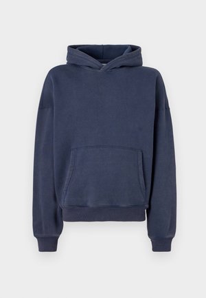 Navy blue hooded sweatshirt with a front pocket and ribbed cuffs, displayed against a plain white background.