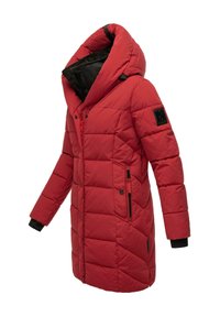 Red padded coat with a large, foldable hood, diagonal stitching, and black accents. Features two zippered side pockets and elastic cuffs.