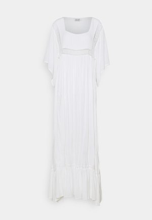 White knee-length dress with short flutter sleeves, square neckline, vertical pleats, and a ruffled hem, featuring lace trim detail.