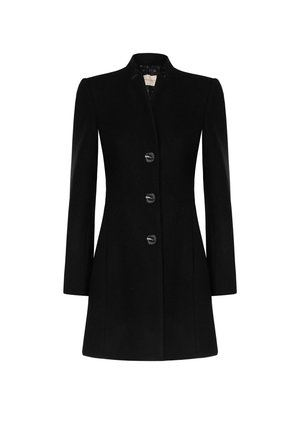 Black tailored women's coat with long sleeves, three front buttons, and a slightly flared hem on a white background.