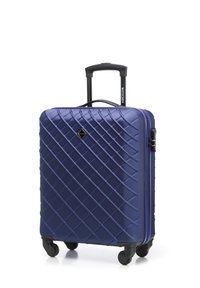 Maleta de mano de carcasa dura en azul marino con un patrón de cuadrícula diagonal texturizado, cuatro ruedas giratorias, asa extensible y cierre de combinación lateral.
