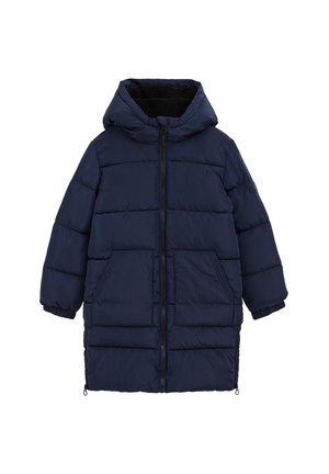 Giacca imbottita blu navy con cappuccio, chiusura con zip, due tasche laterali e polsini elasticizzati. Presenta un design trapuntato e una fodera morbida.