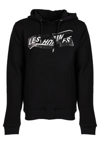 Sudadera negra con cordones, estampado gráfico frontal que dice "LES HOMMES" en blanco, puños y dobladillo de canalé, fabricada en suave material de algodón.