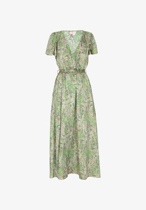 Zöld, paisley mintás maxi ruha rövid ujjakkal, V-kivágással és megkötős derékrésszel, amelyhez egy azonos mintájú öv tartozik. Puha szövet textúra.
