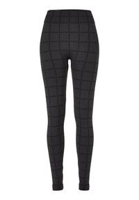 Leggings noirs avec un motif pied-de-poule, fabriqués dans un tissu extensible. Ils possèdent une taille haute et une coupe moulante.